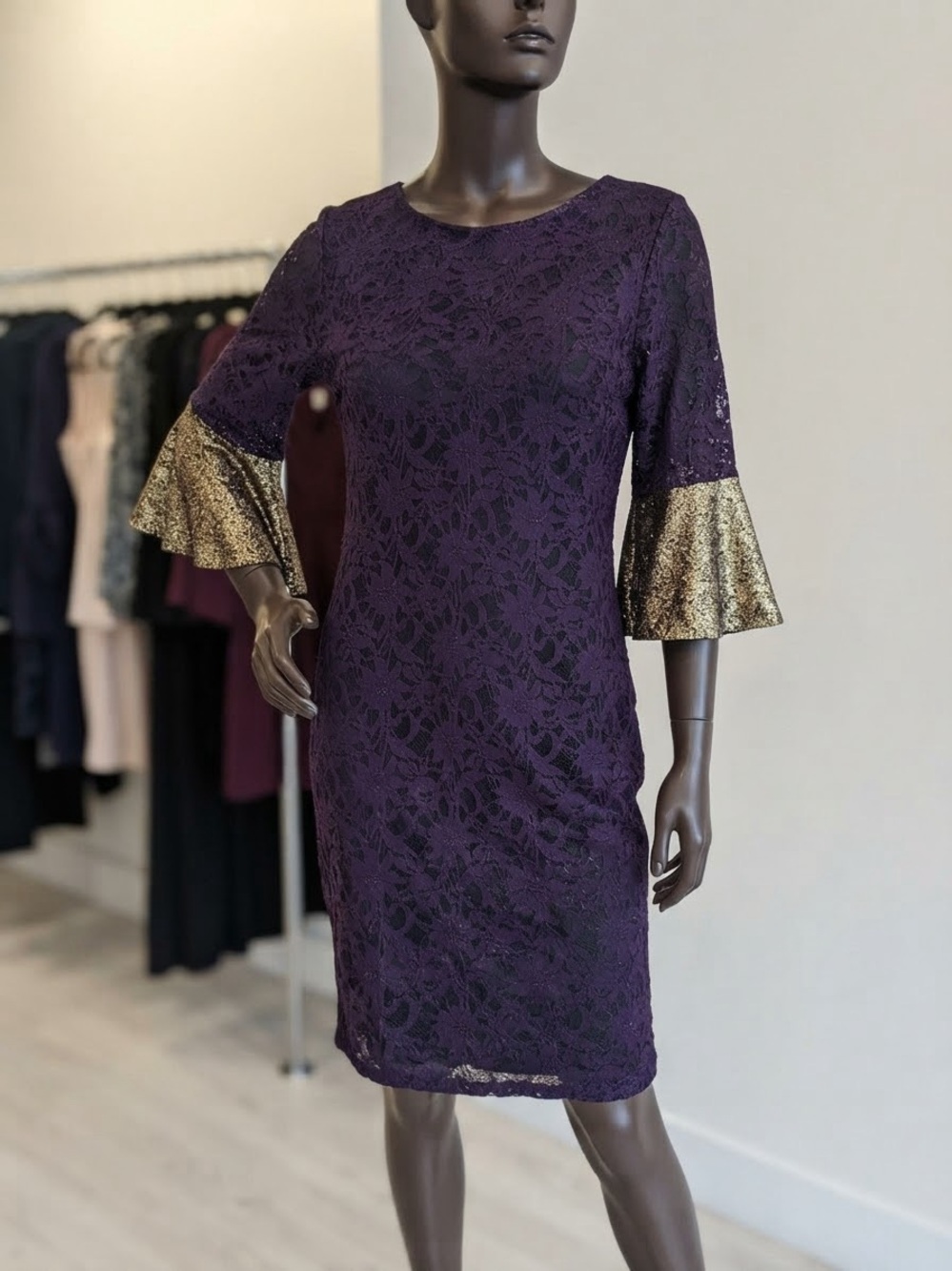Alfani Purple Lace Dress with Gold Flared Sleeves